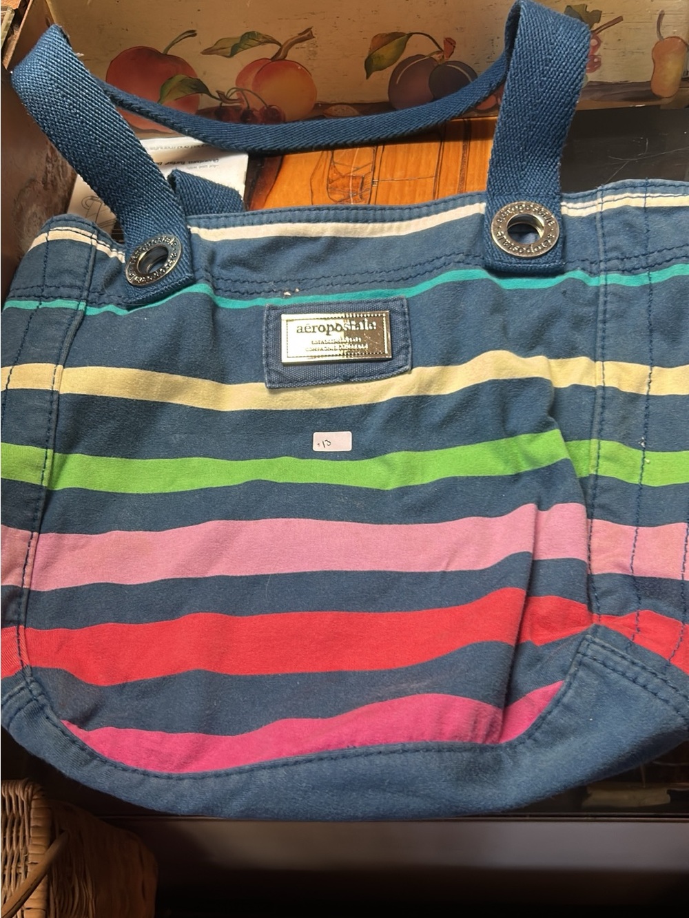Aeropostale Navy Striped Canvas Tote with Pink Red Green Cream Accents